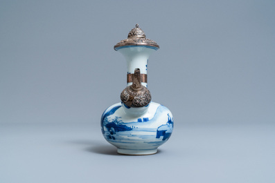 A Chinese silver-mounted blue and white kendi, Kangxi
