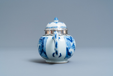 A Chinese blue and white silver-mounted teapot and cover, Kangxi