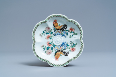 A Chinese famille rose 'rooster' teapot on stand, Yongzheng