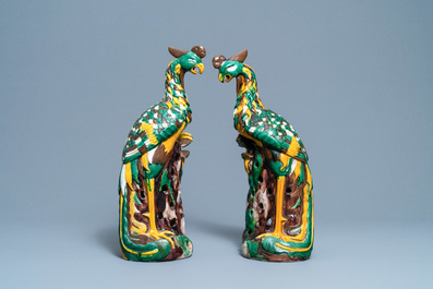 A pair of tall Chinese sancai-glazed models of phoenixes, Republic