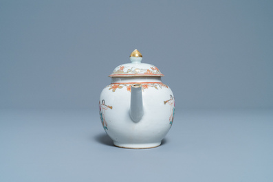 A Chinese famille rose teapot and cover with a crowned monogram, dated 1763, Qianlong