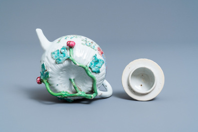 A Chinese famille rose 'rooster' teapot on stand, Yongzheng