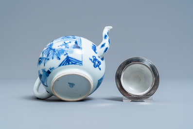 A Chinese blue and white silver-mounted teapot and cover, Kangxi