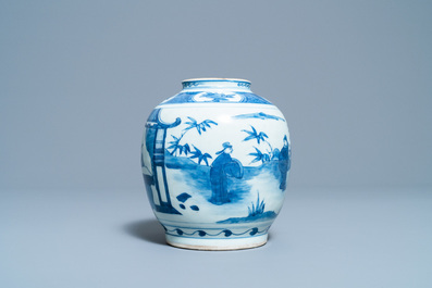 A Chinese blue and white jar with figures in a landscape, Wanli