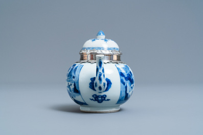 A Chinese blue and white silver-mounted teapot and cover, Kangxi