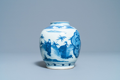 A Chinese blue and white jar with figures in a landscape, Wanli