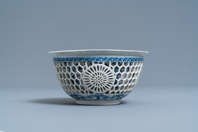 A Chinese blue and white reticulated double-walled bowl, Kangxi