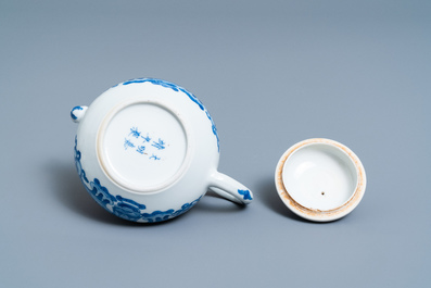 A Chinese blue and white teapot and cover with antiquities, Jiajing mark, Kangxi