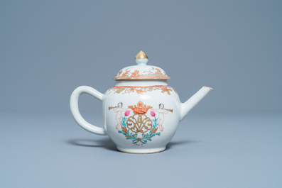 A Chinese famille rose teapot and cover with a crowned monogram, dated 1763, Qianlong