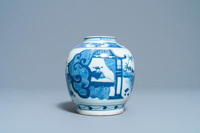 A Chinese blue and white jar with figures in a landscape, Wanli