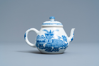 A Chinese blue and white teapot and cover with antiquities, Jiajing mark, Kangxi