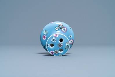 A Chinese lavender blue-ground famille rose 'flower balls' vase, Qianlong mark, Republic