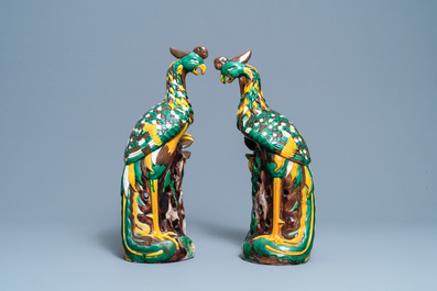 A pair of tall Chinese sancai-glazed models of phoenixes, Republic