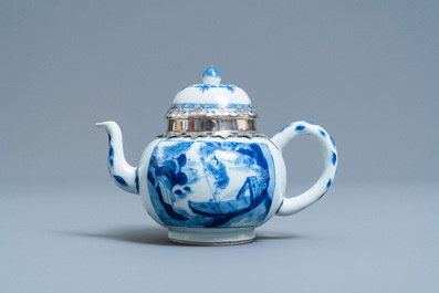 A Chinese blue and white silver-mounted teapot and cover, Kangxi