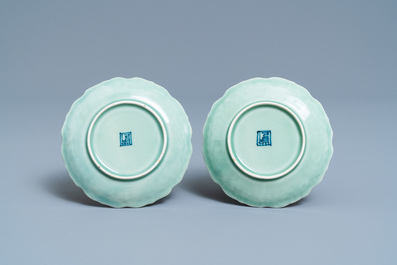 A pair of Japanese blue and white Arita bowls and a pair of celadon 'deer' dishes, Edo, 18/19th C.