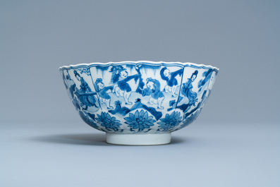 A Chinese blue and white lotus-molded 'playing boys' bowl, Chenghua mark, Kangxi