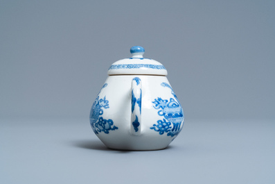 A Chinese blue and white teapot and cover with antiquities, Jiajing mark, Kangxi