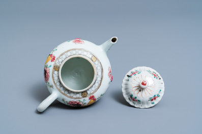 A Chinese famille rose 'rooster' teapot on stand, Yongzheng