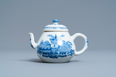 A Chinese blue and white teapot and cover with antiquities, Jiajing mark, Kangxi