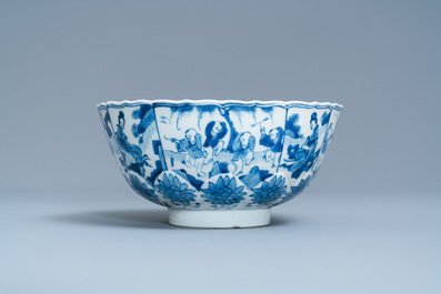 A Chinese blue and white lotus-molded 'playing boys' bowl, Chenghua mark, Kangxi