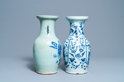 Deux vases en porcelaine de Chine en bleu et blanc sur fond c&eacute;ladon, 19&egrave;me
