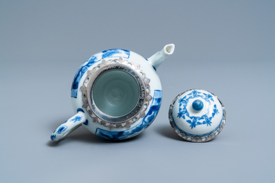 A Chinese blue and white silver-mounted teapot and cover, Kangxi