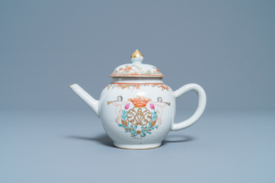 A Chinese famille rose teapot and cover with a crowned monogram, dated 1763, Qianlong