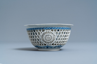 A Chinese blue and white reticulated double-walled bowl, Kangxi