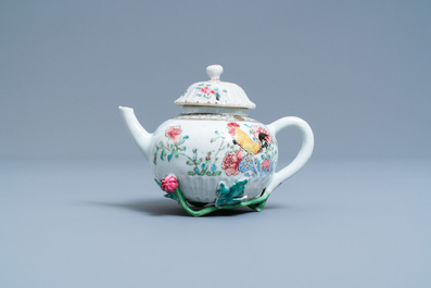 A Chinese famille rose 'rooster' teapot on stand, Yongzheng