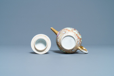 A Chinese gilded famille rose 'Mongolian hunt' teapot on stand, Qianlong