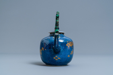 A Chinese powder blue and gilt teapot with verte biscuit handle, Kangxi