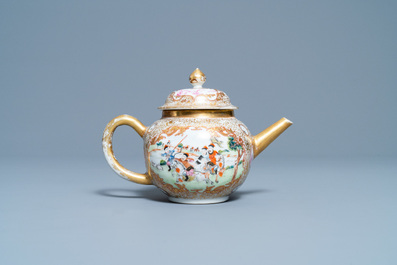 A Chinese gilded famille rose 'Mongolian hunt' teapot on stand, Qianlong
