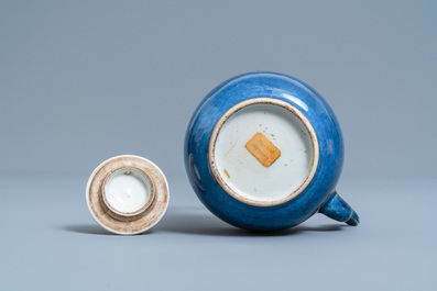 A Chinese powder blue and gilt teapot with verte biscuit handle, Kangxi