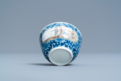 A Chinese export porcelain cup and saucer with a herring merchant, Qianlong