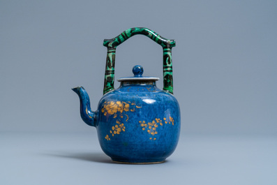 A Chinese powder blue and gilt teapot with verte biscuit handle, Kangxi