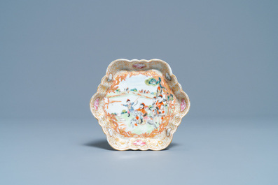 A Chinese gilded famille rose 'Mongolian hunt' teapot on stand, Qianlong