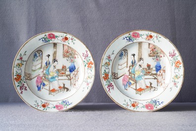 A pair of Chinese famille rose plates with a suckling lady, Yongzheng