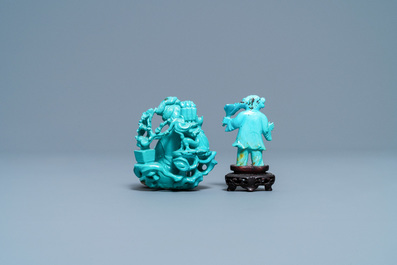 Two Chinese carved turquoise figures, 19/20th C.