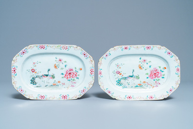 Five Chinese famille rose 'double peacock' porcelain wares, Qianlong