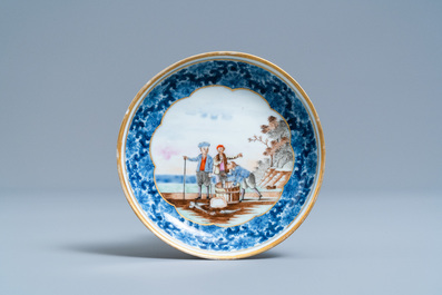 A Chinese export porcelain cup and saucer with a herring merchant, Qianlong
