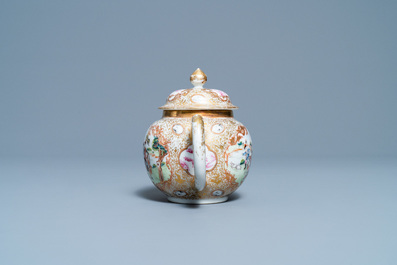 A Chinese gilded famille rose 'Mongolian hunt' teapot on stand, Qianlong