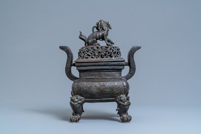 A large Chinese bronze censer and cover, Ming