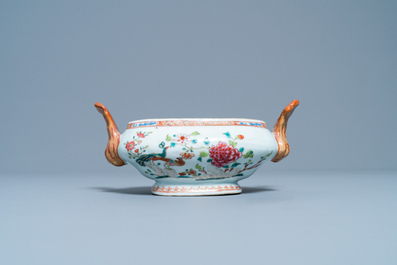 Five Chinese famille rose 'double peacock' porcelain wares, Qianlong