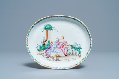 A Chinese famille rose 'romantic subject' teapot on stand, Qianlong