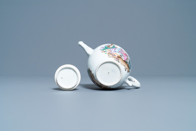 A Chinese famille rose 'romantic subject' teapot on stand, Qianlong