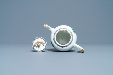 A Chinese famille rose 'romantic subject' teapot on stand, Qianlong
