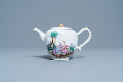 A Chinese famille rose 'romantic subject' teapot on stand, Qianlong