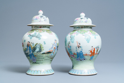 Two Chinese famille rose vases and covers, Qianlong mark, 19/20th C.