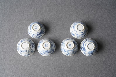 Six Chinese blue and white cups and saucers with horseriders, Kangxi