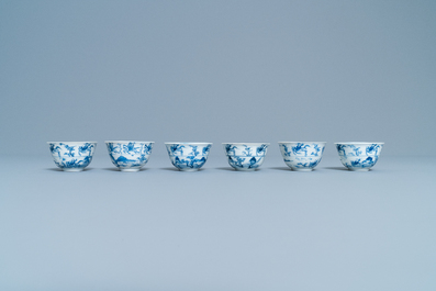 Six Chinese blue and white cups and saucers with horseriders, Kangxi